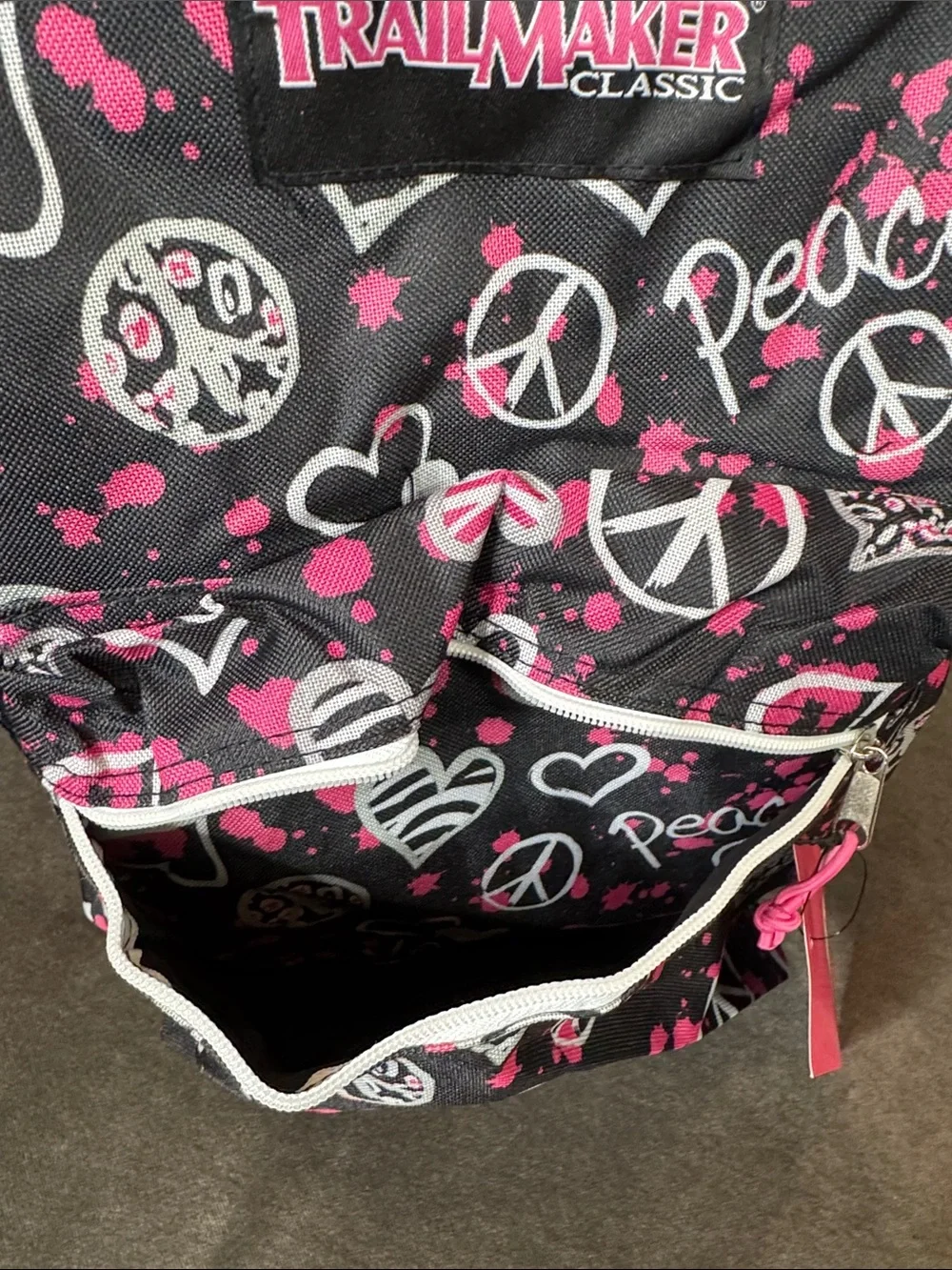 TrailMaker Classic Black Pink Peace & Love Backpack Padded Adjustable Straps NEW